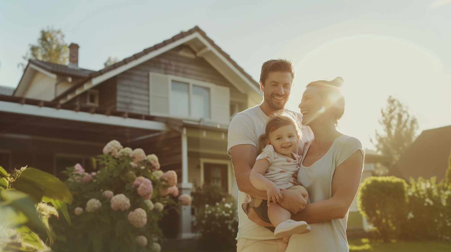 Create an inviting introduction image showcasing a newly installed roof and a happy family enjoying their home.