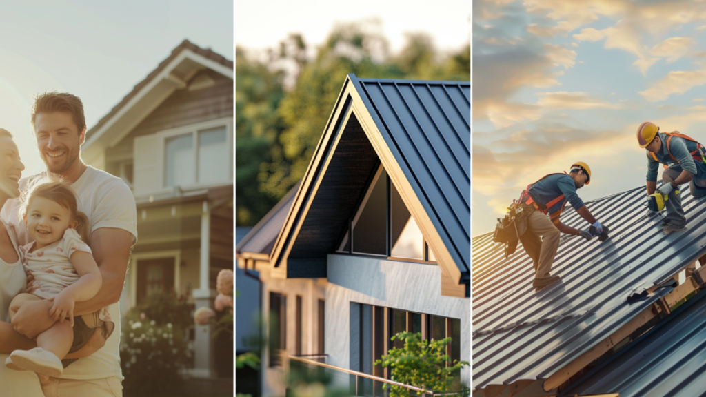 Create an inviting introduction image showcasing a newly installed roof and a happy family enjoying their home. two roofers are doing a residential standing seam metal roof installation. he is holding an electric drill properly. The standing seam metal roof is clean and properly installed. The roofer is wearing the appropriate and complete safety gear. Create an image of a house that has a metal seam roof that is done with poor installation.