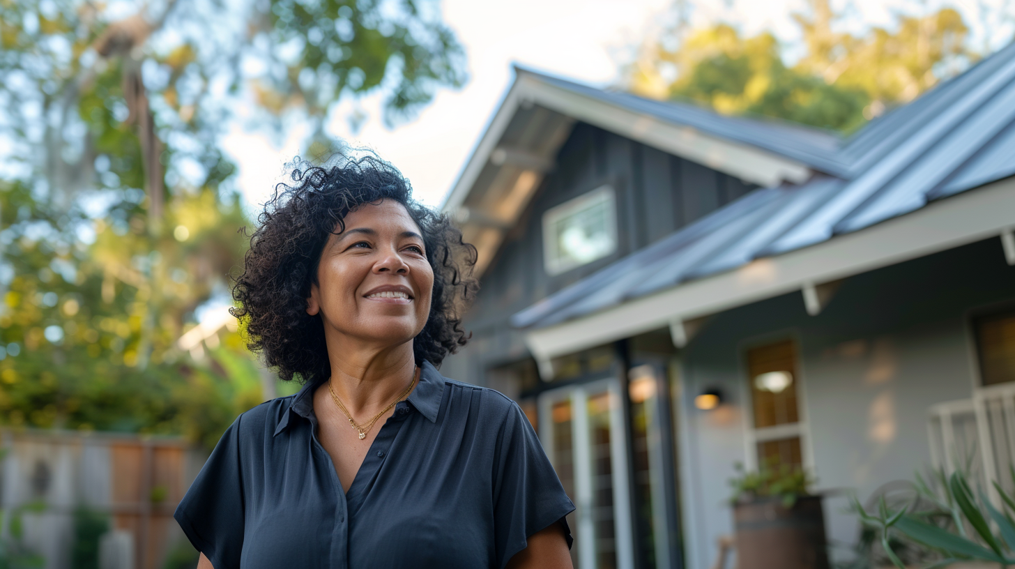 A hispanic homeowner woman standing and looking infront of her renovated urban house, with seam metal roofing, expression of relief with a smile.