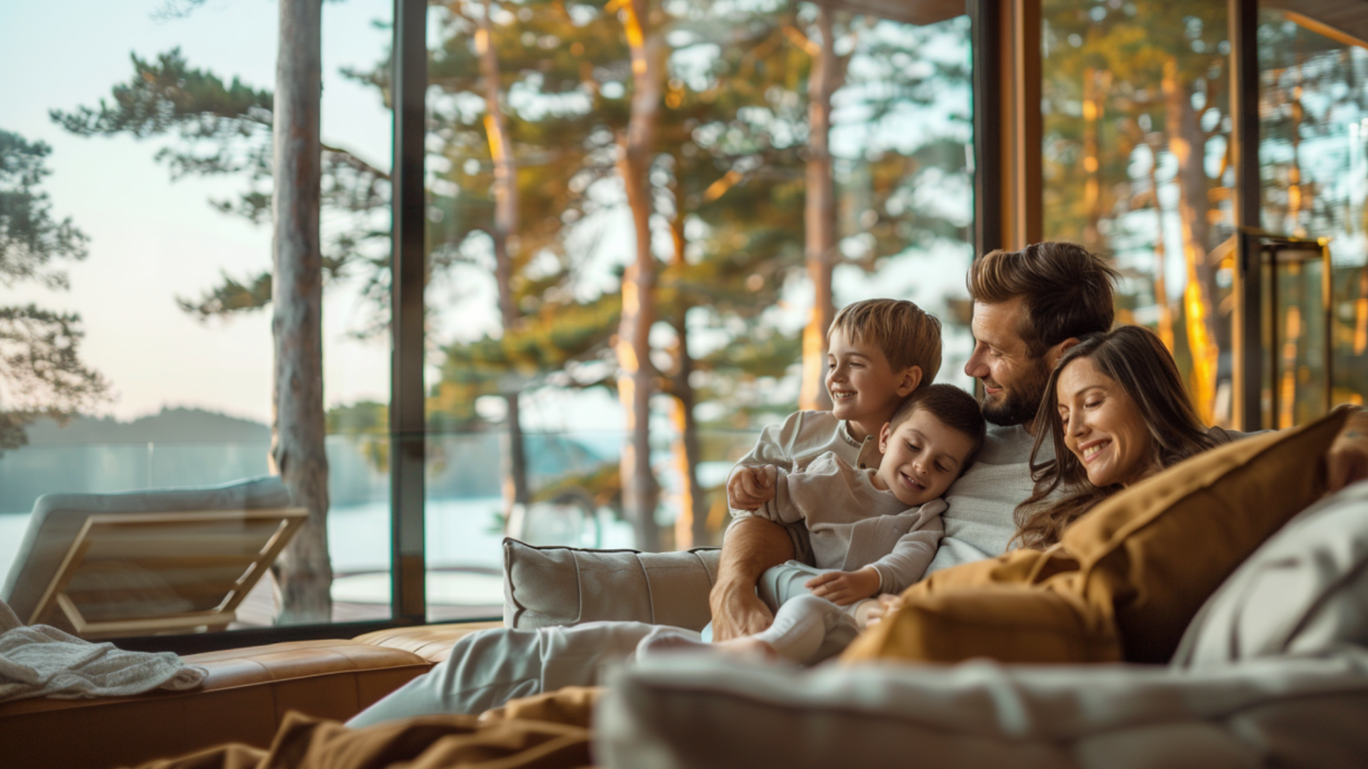 Portrait of a happy family on a couch in a modern lighthouse with big glass windows, trees in the background, and a living area.