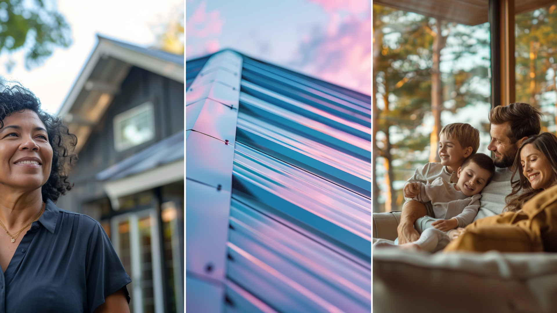 A hispanic homeowner woman standing and looking infront of her renovated urban house, with seam metal roofing, expression of relief with a smile. Create an image of a standing seam metal roof installed in a house roof, catch that the roof installed is new. Portrait of a happy family on a couch in a modern lighthouse with big glass windows, trees in the background, and a living area.