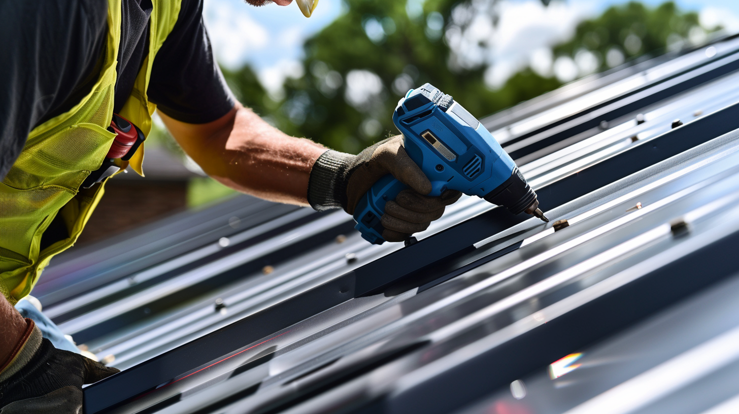 A roofing contractor fixing a roof using a drill.