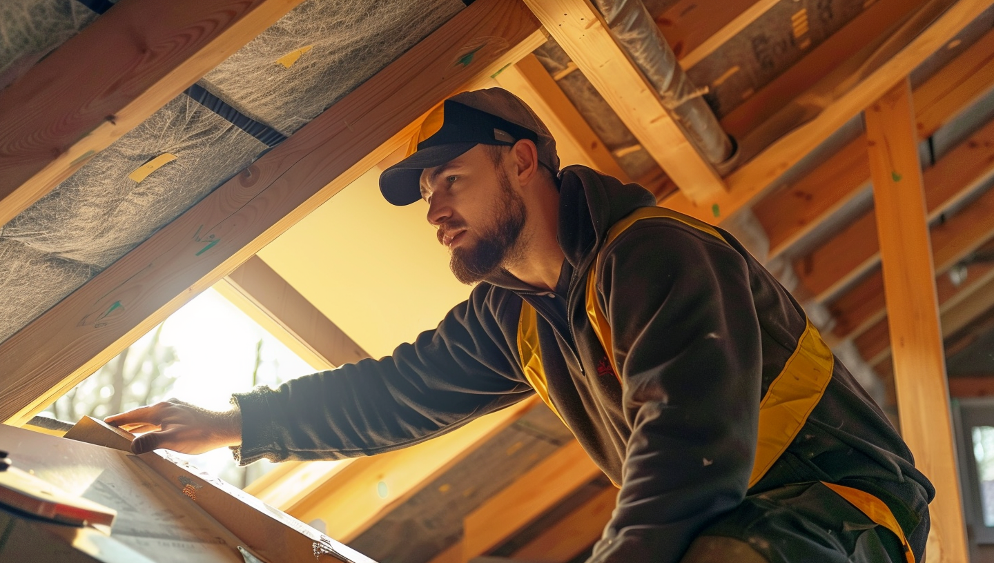 The roofing contractor inside the attic checked the condition of the said attic.