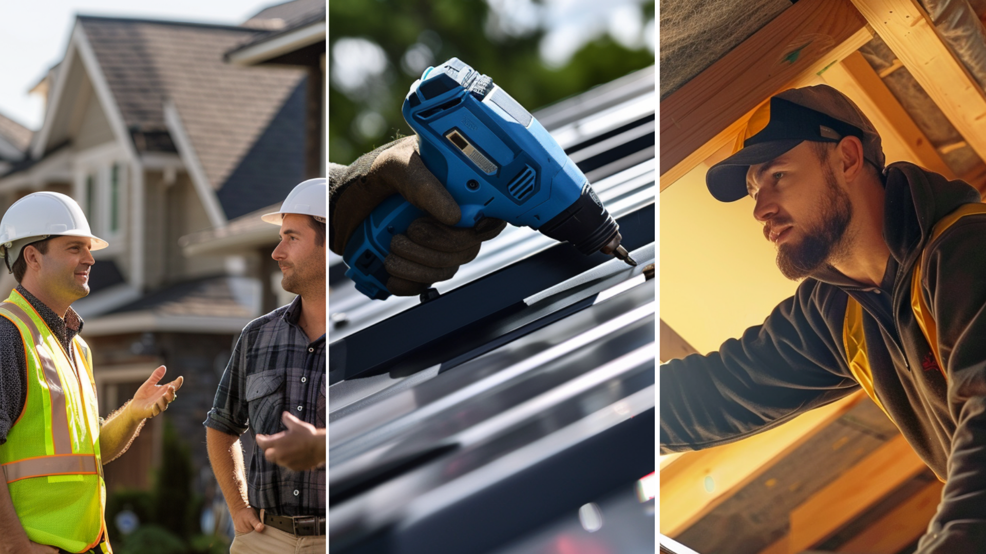 The roofing contractor inside the attic checked the condition of the said attic.</p> <p>A roofing contractor fixing a roof using a drill.</p> <p>Roofing contractors talking outside the house. 