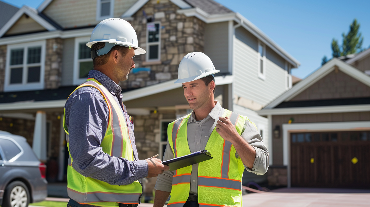 Two roofing contractor talking outside the house.