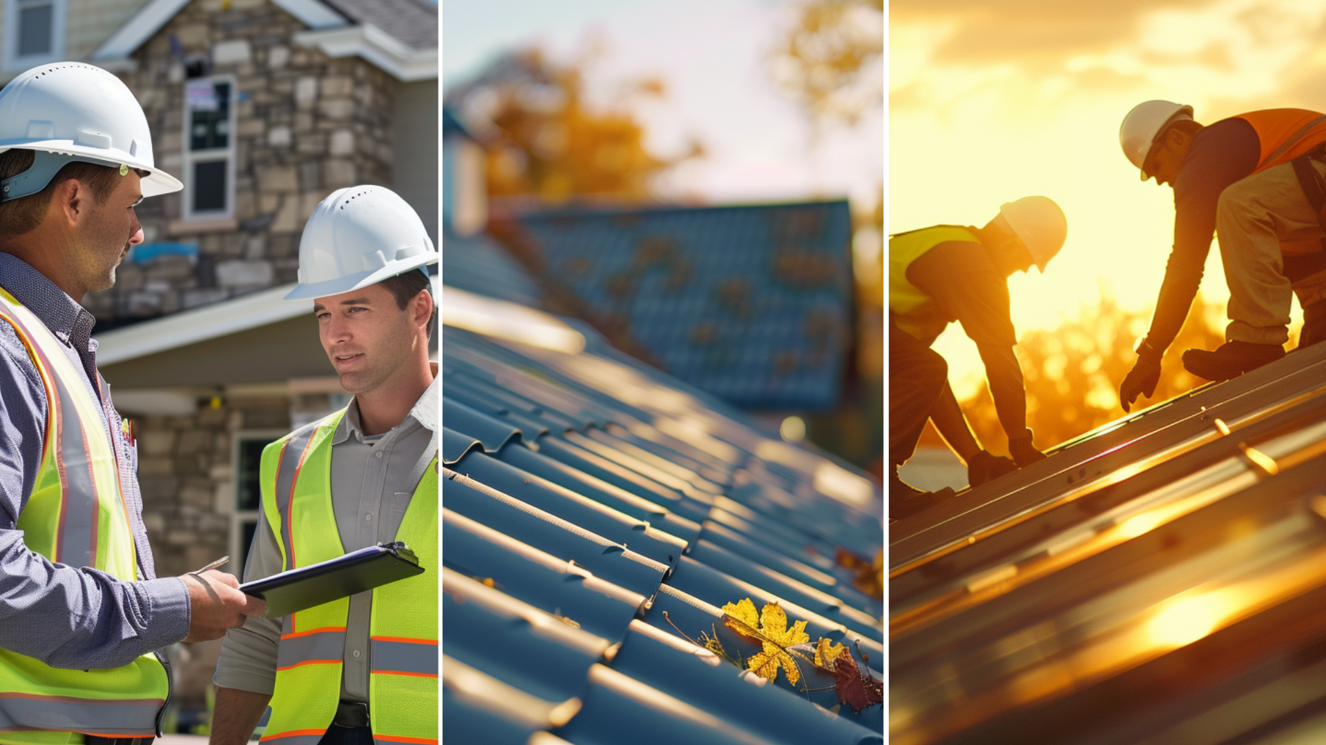 Two roofing contractor working and installing new metal roof.</p>
<p>Two roofing contractor talking outside the house.</p>
<p>A newly installed steel roof. 