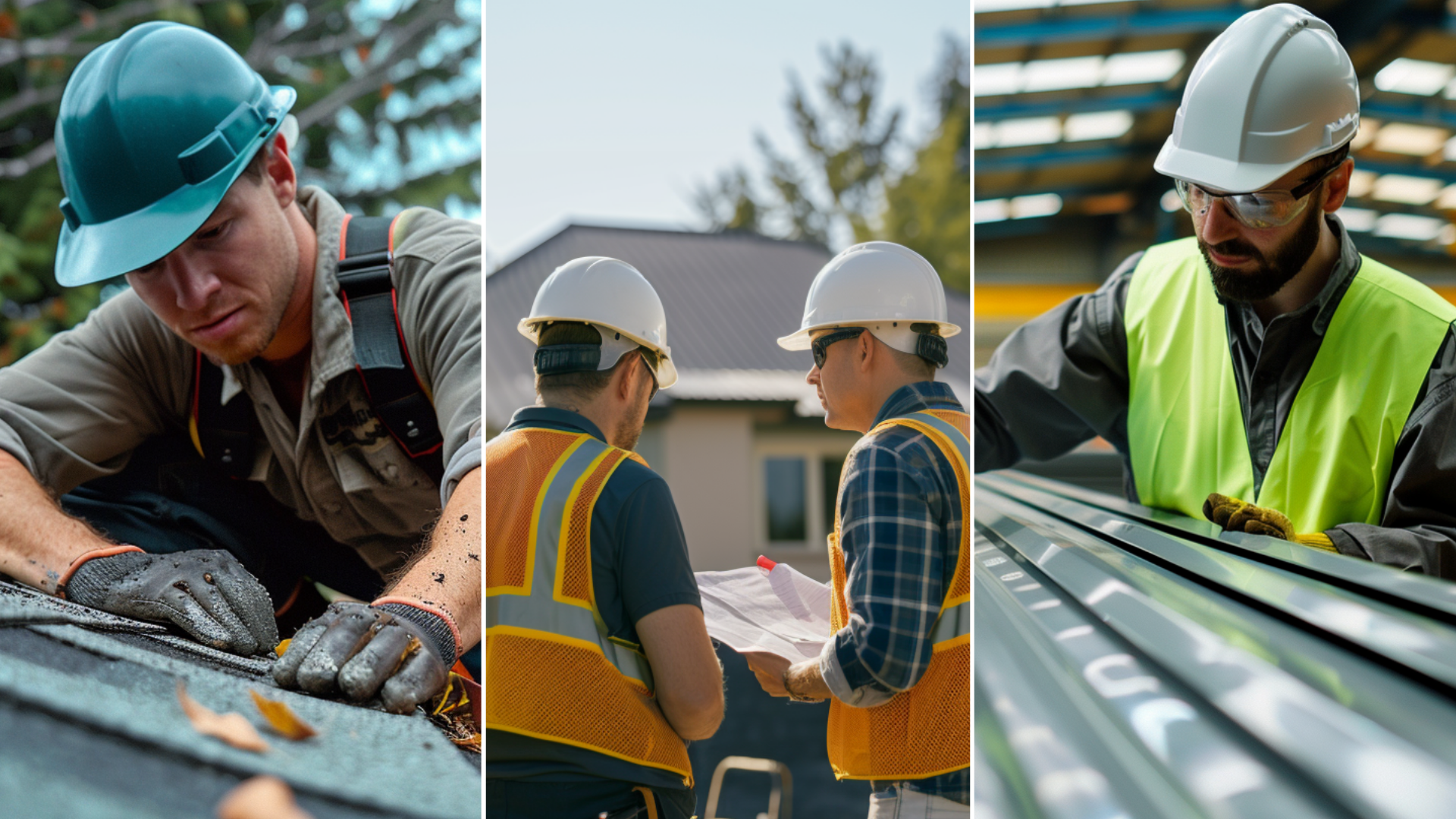 A roofing contractor visually inspecting a newly installed roof. </p> <p>Two contractors in front of the house doing a structural assessment.<br /> A roofing expert doing a material checking. 