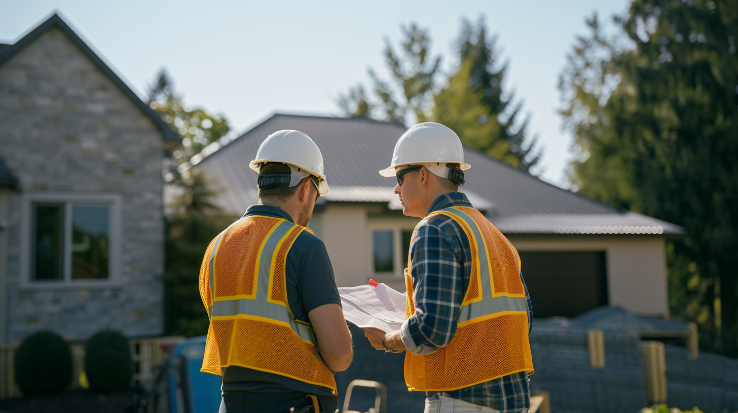 Two contractors in front of the house doing a structural assessment.