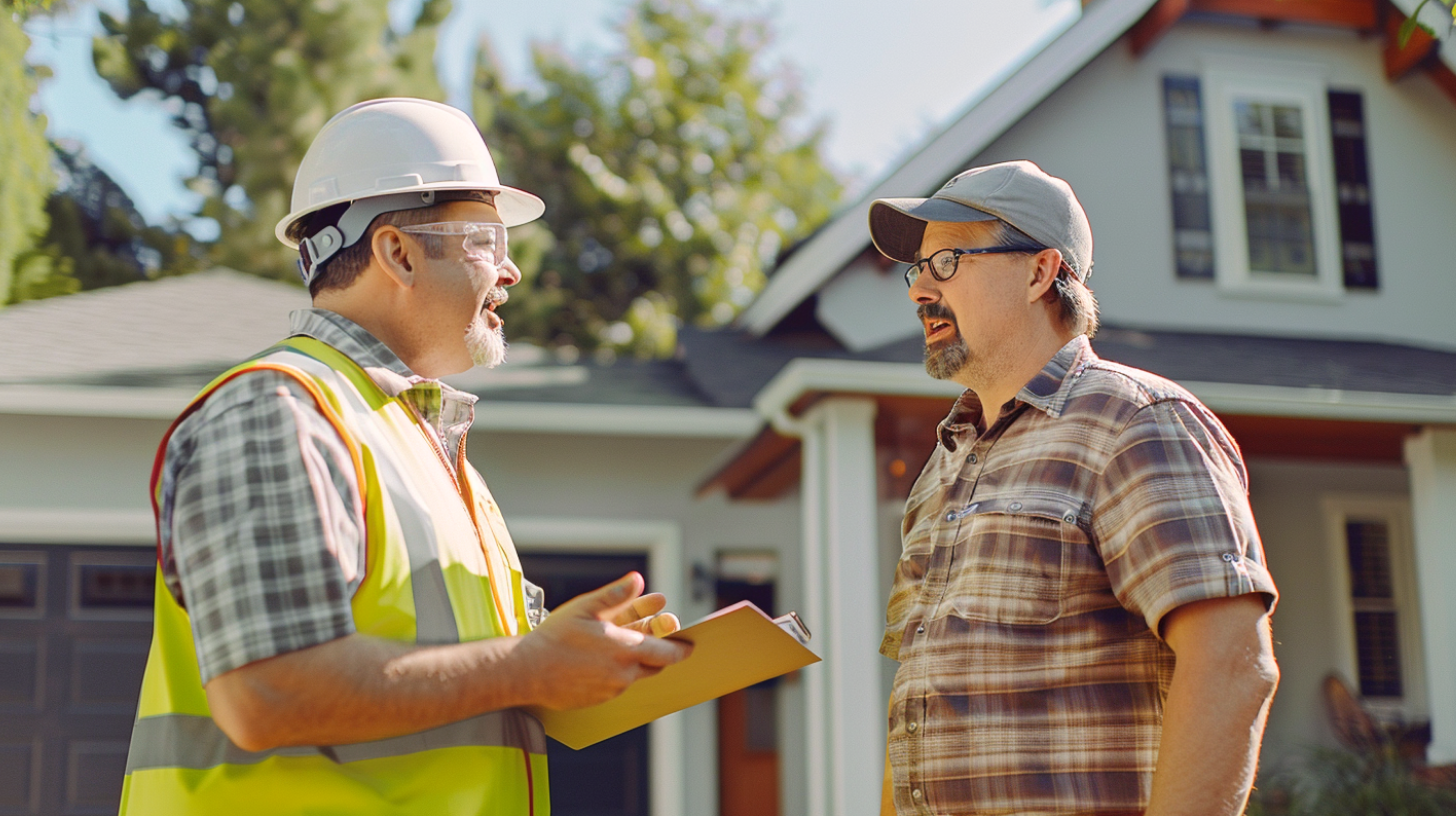 A roofing contractor and a client engaged in a conversations about recommendations after roof inspections.