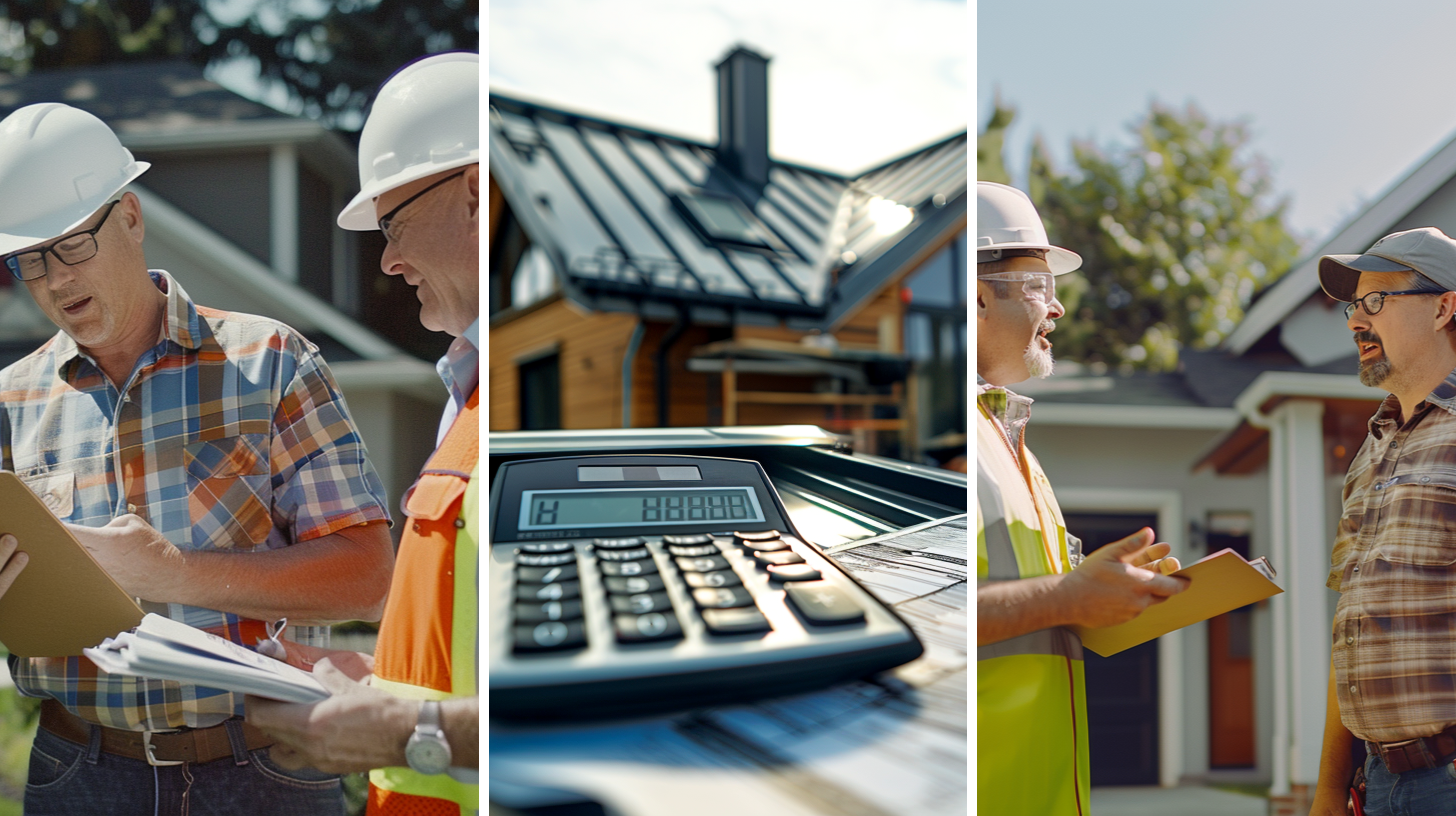 Two contractors discussing the roof inspection's written report, an image of a roofing project site, and a roofing contractor with a client engaged in a conversations about recommendations after roof inspections.