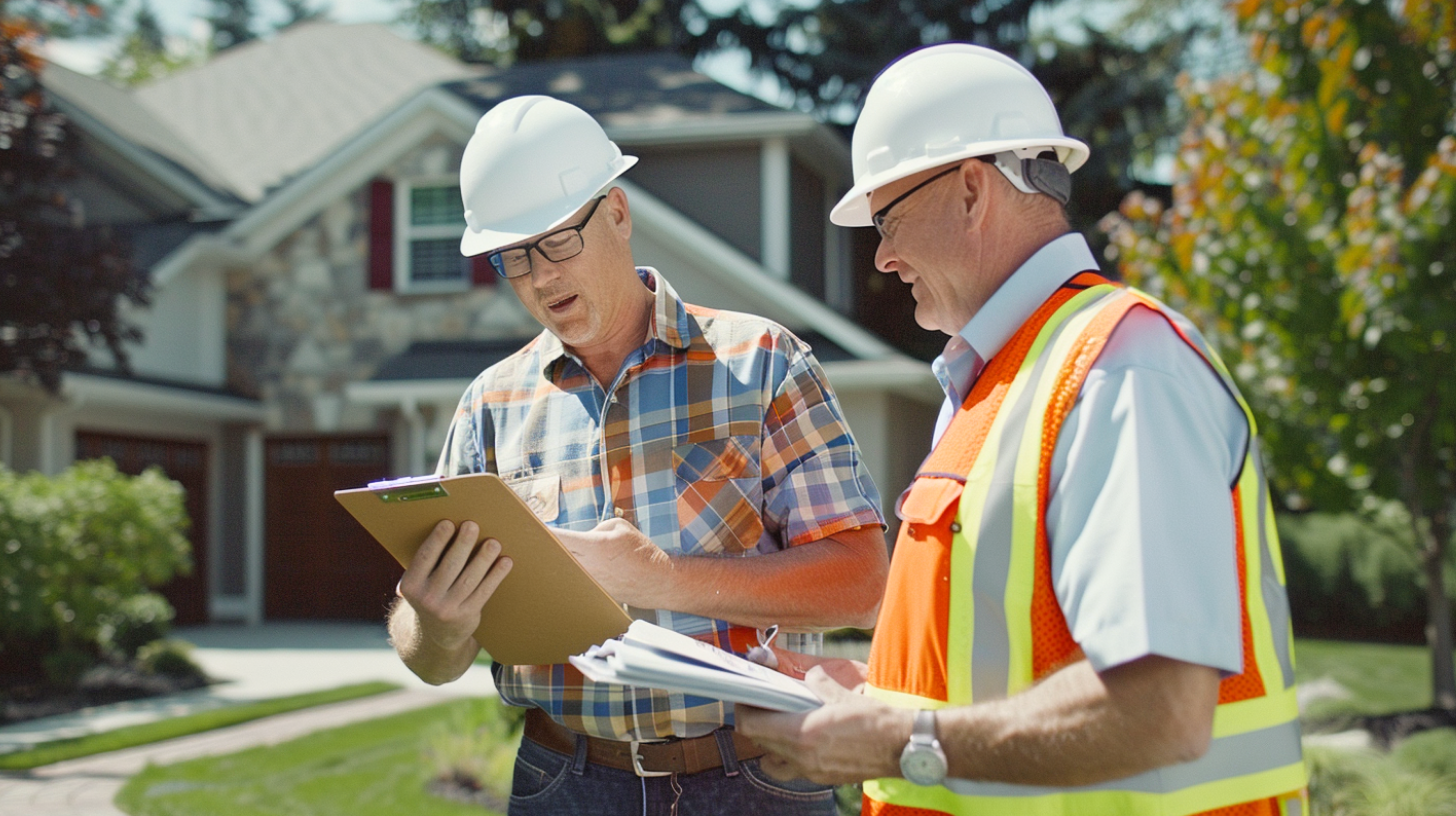 Two contractors discussing the roof inspection's written report.