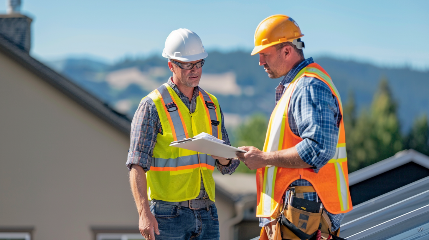 Two roof contractors conducting an inspection on a metal roof.