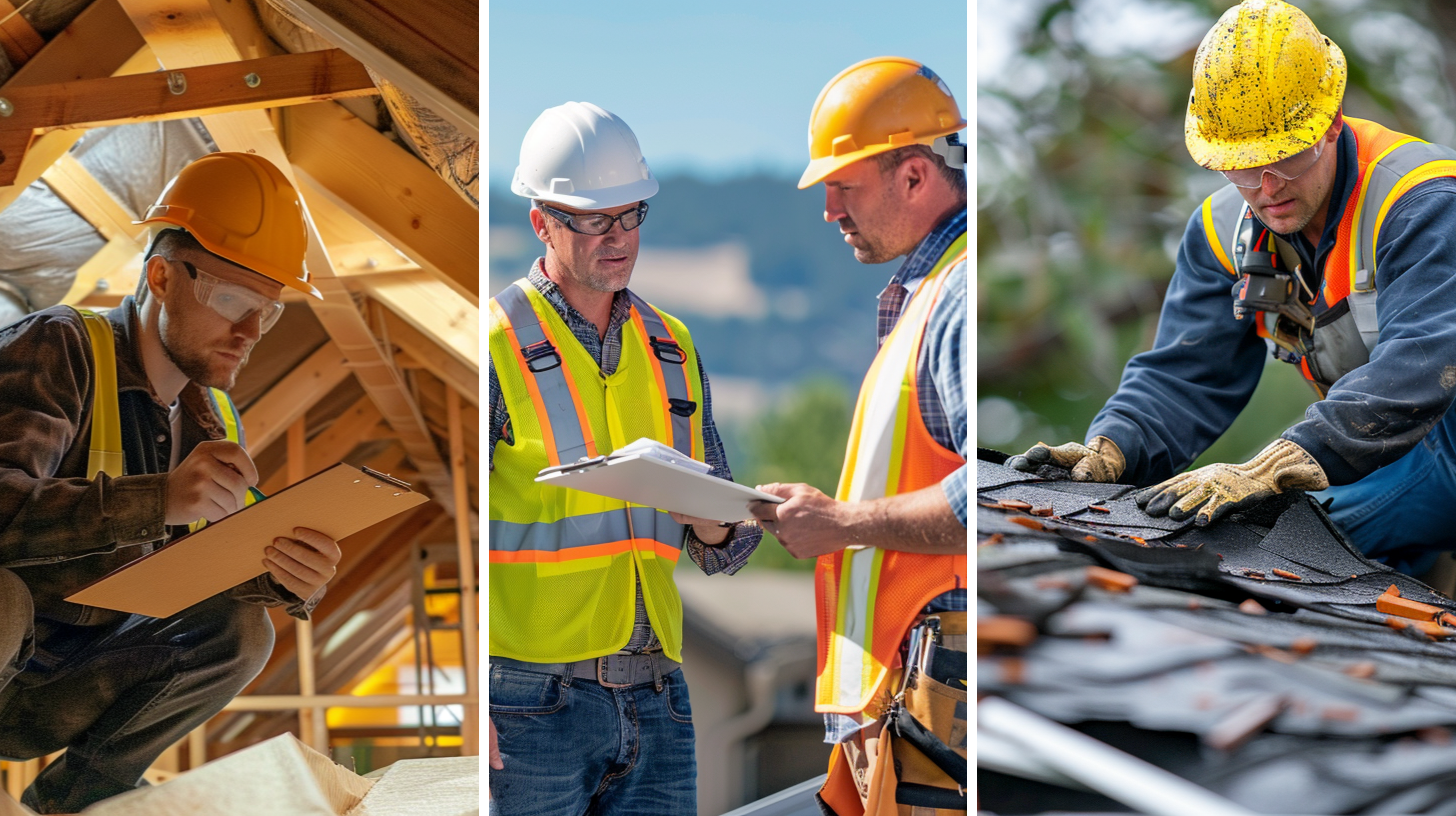 A roof contractor conducting a standard inspection on the roof's ventilation and possible leaks, two roof contractors conducting an inspection on a metal roof, and a roofer is inspecting a residential roof that has been damaged by a recent storm.