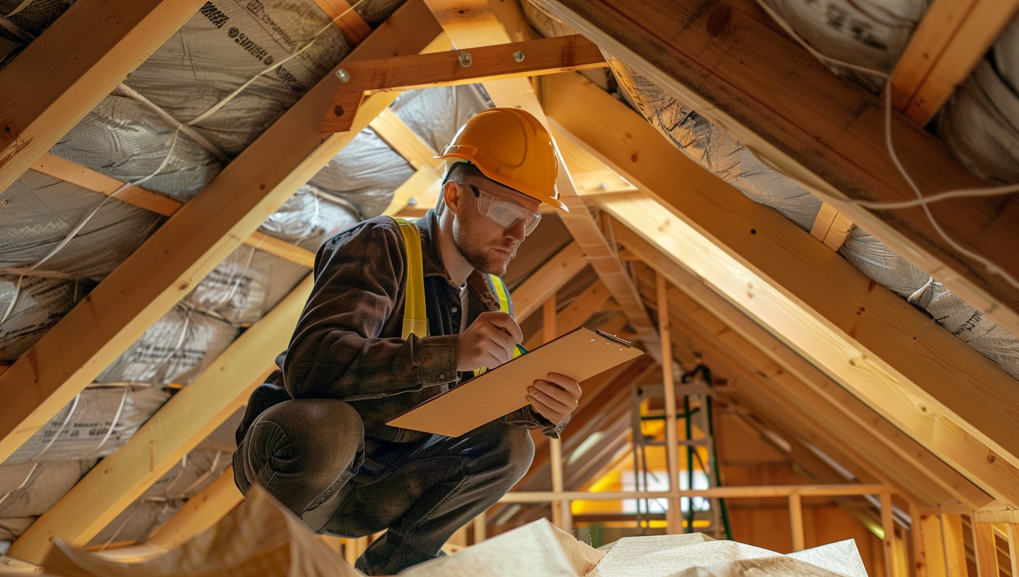 A roof contractor conducting a standard inspection on the roof's ventilation and possible leaks.