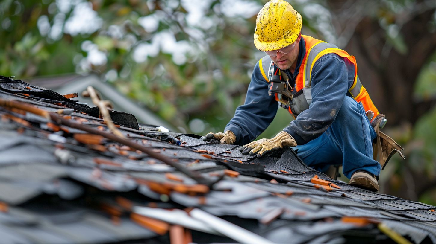 A roofer is inspecting a residential roof that has been damaged by a recent storm.