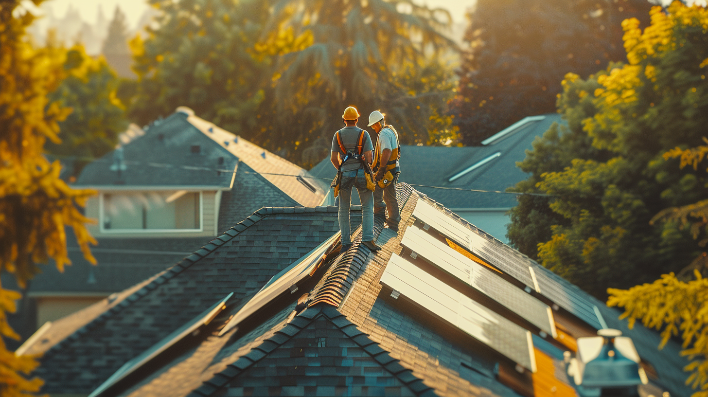 roofing contractors installing solar panels on a suburban residential home