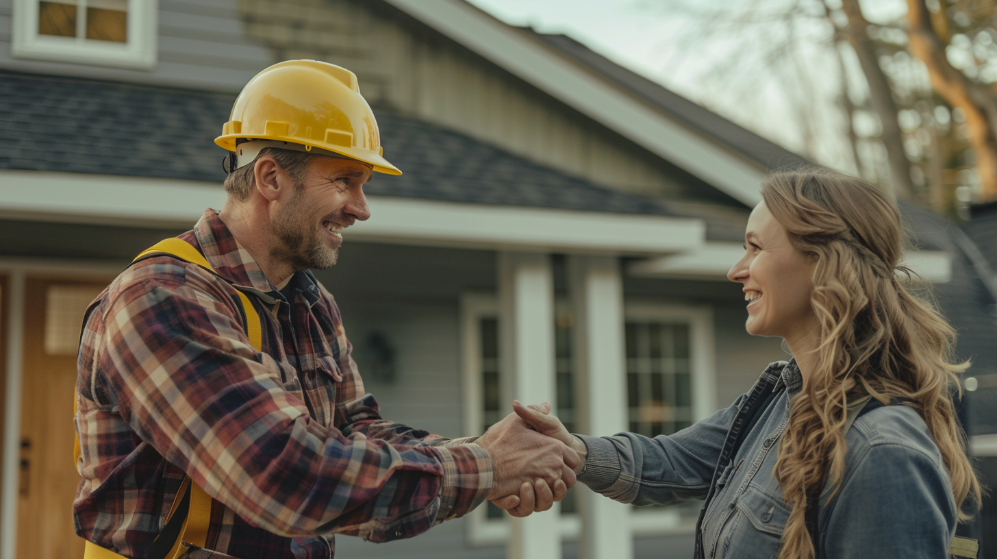 A male roofing contractor is talking to a female homeowner about the costs of installing a new roof. Only the contractor is wearing PPE. They smile and shake hands after agreeing to the contract.