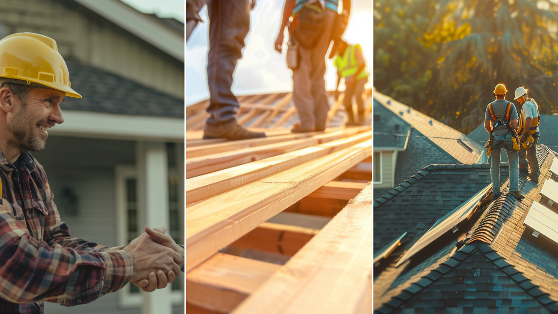 roofing contractors installing solar panels on a suburban residential home. An image of a team of roofing contractors installing roof decking, focusing the shot on the properly installed decking. A male roofing contractor is talking to a female homeowner about the costs of installing a new roof. Only the contractor is wearing PPE. They smile and shake hands after agreeing to the contract. 