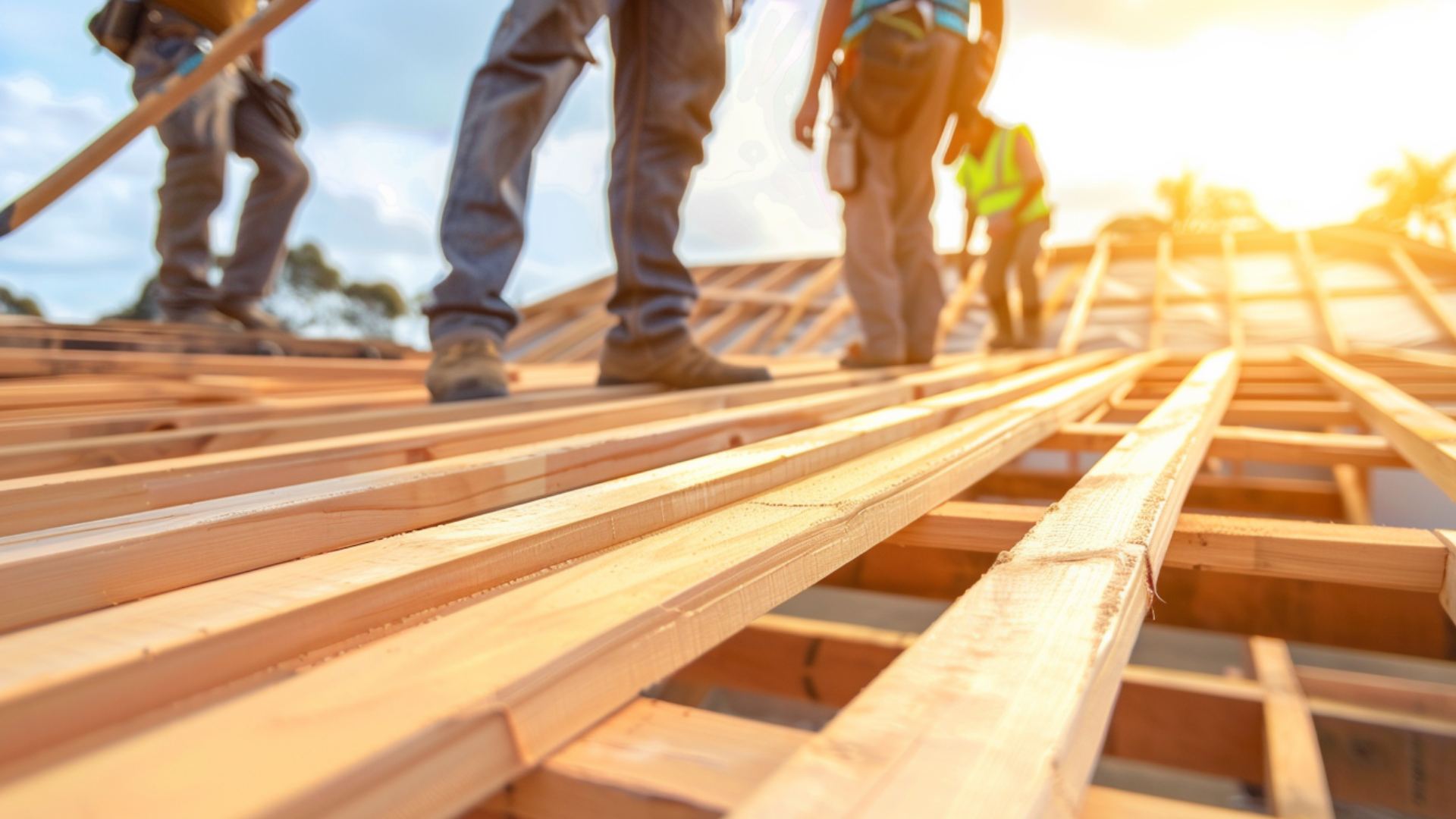 An image of a team of roofing contractors installing roof decking, focusing the shot on the properly installed decking.