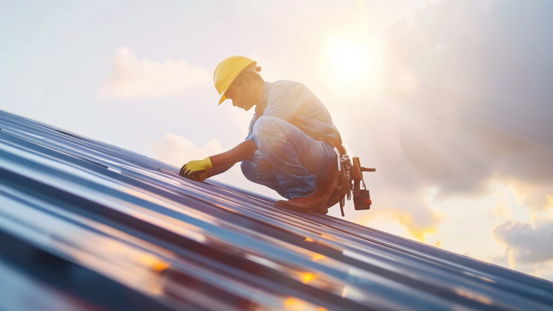 A roofing contractor fixing a metal roof.