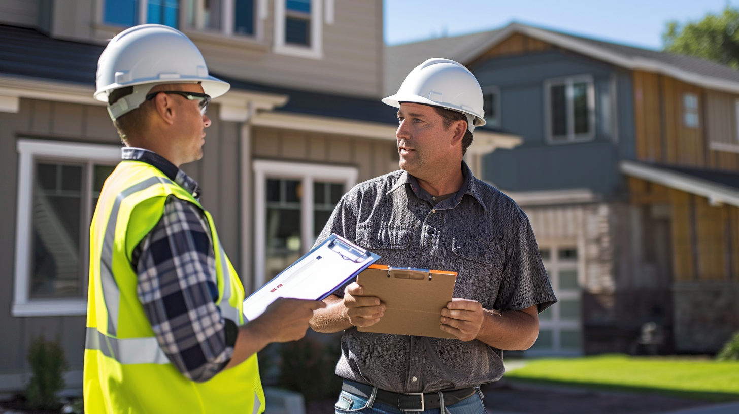 Two contractor talking outside the house.