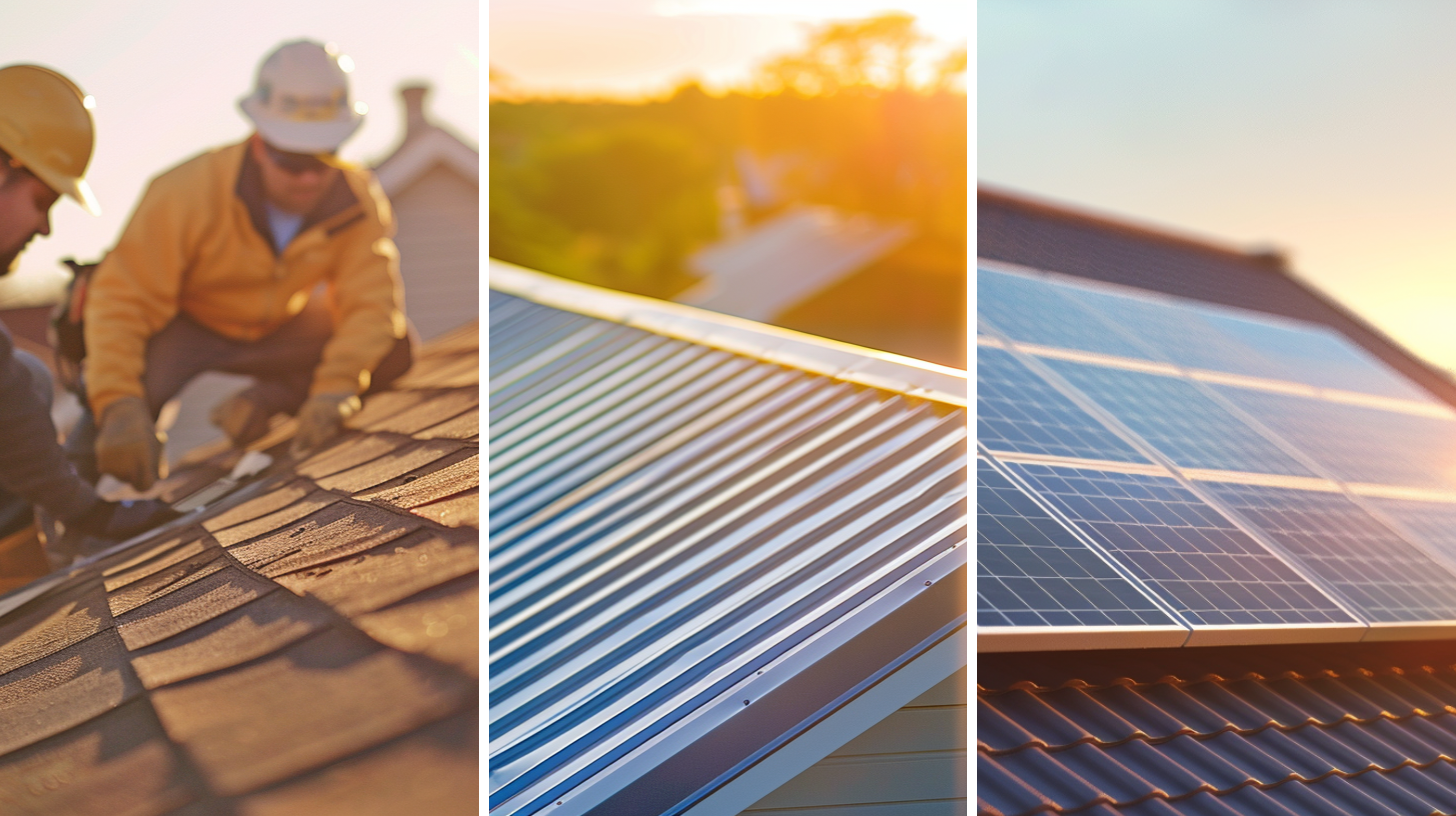 Two professional roofers working on a residential roof, a standing seam metal roof installed on a house, and solar panels installed on a residential roof.