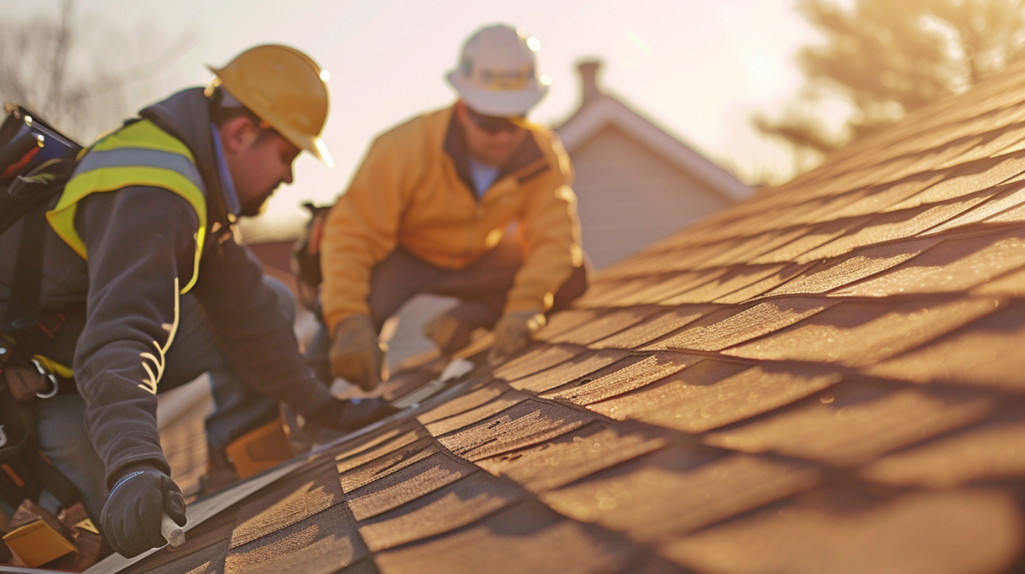 Two professional roofers working on a residential roof.