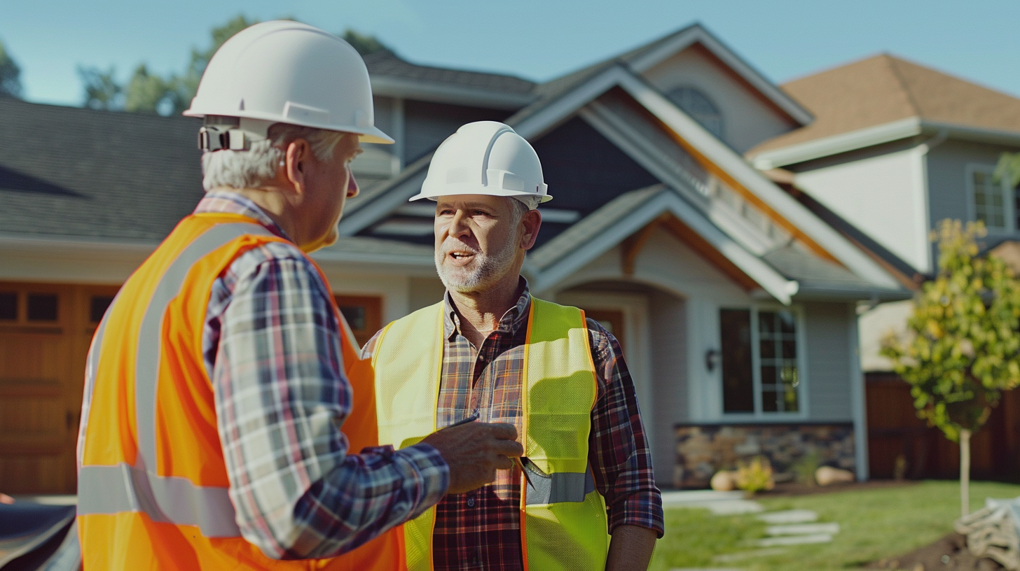 Two roofing contractor talking outside the house.