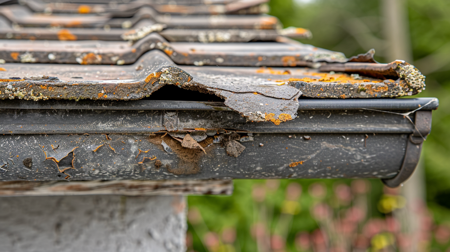 close up detail of the damaged gutter of a roof