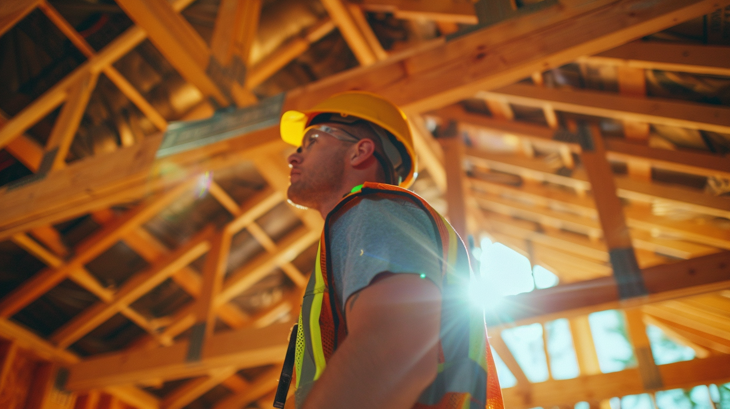 A roof contractor wearing safety gears is looking at the construction of a room, perspective from below, holding a FLIR camera, taking photos of the roof during roof inspection.