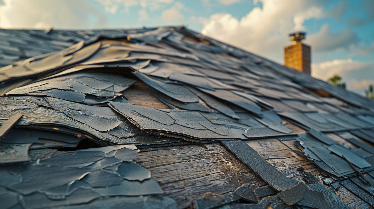 a residential roof that has been damaged by a recent storm.