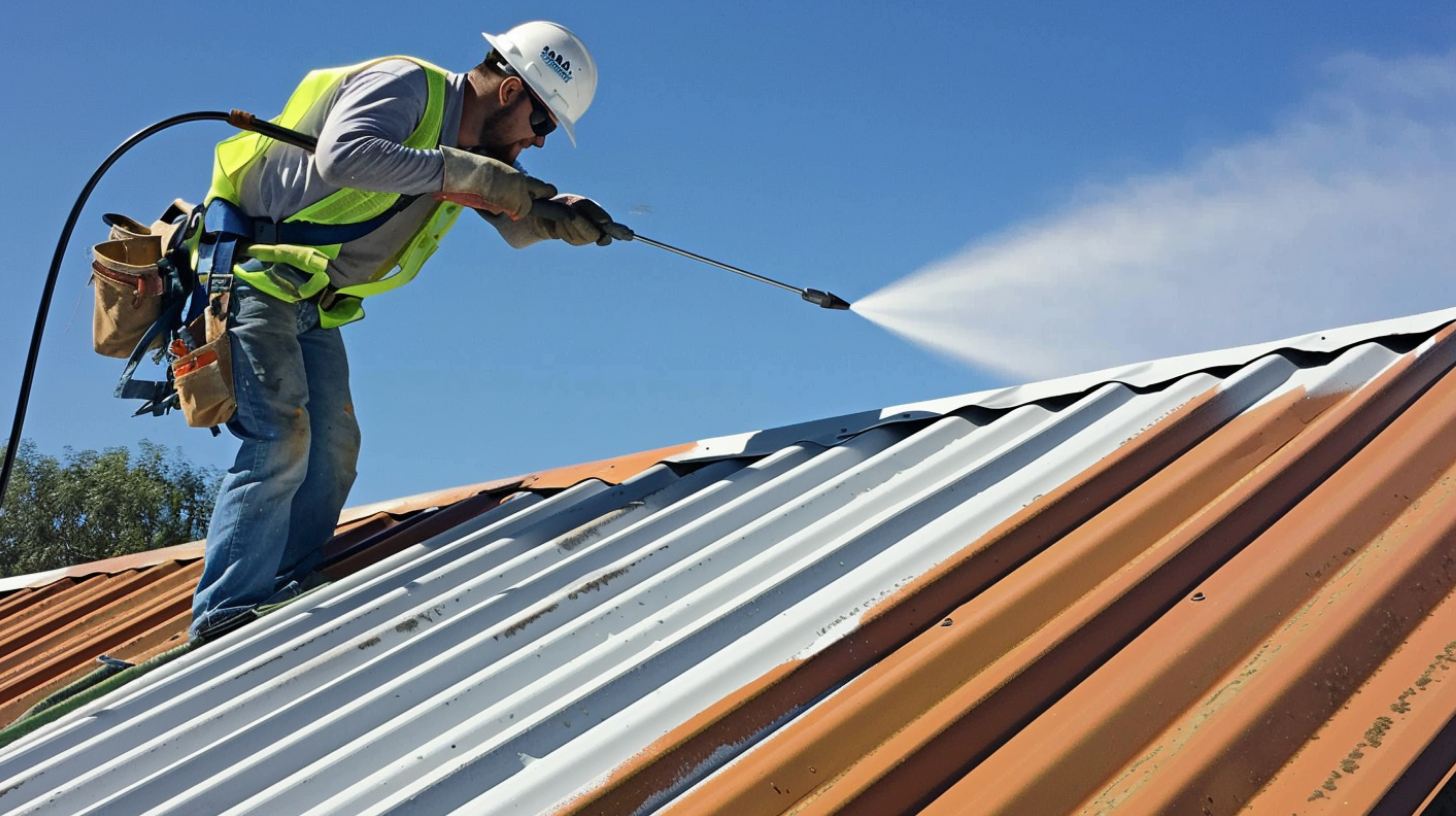 A roofer working on spraying another layer of paint on a roof.