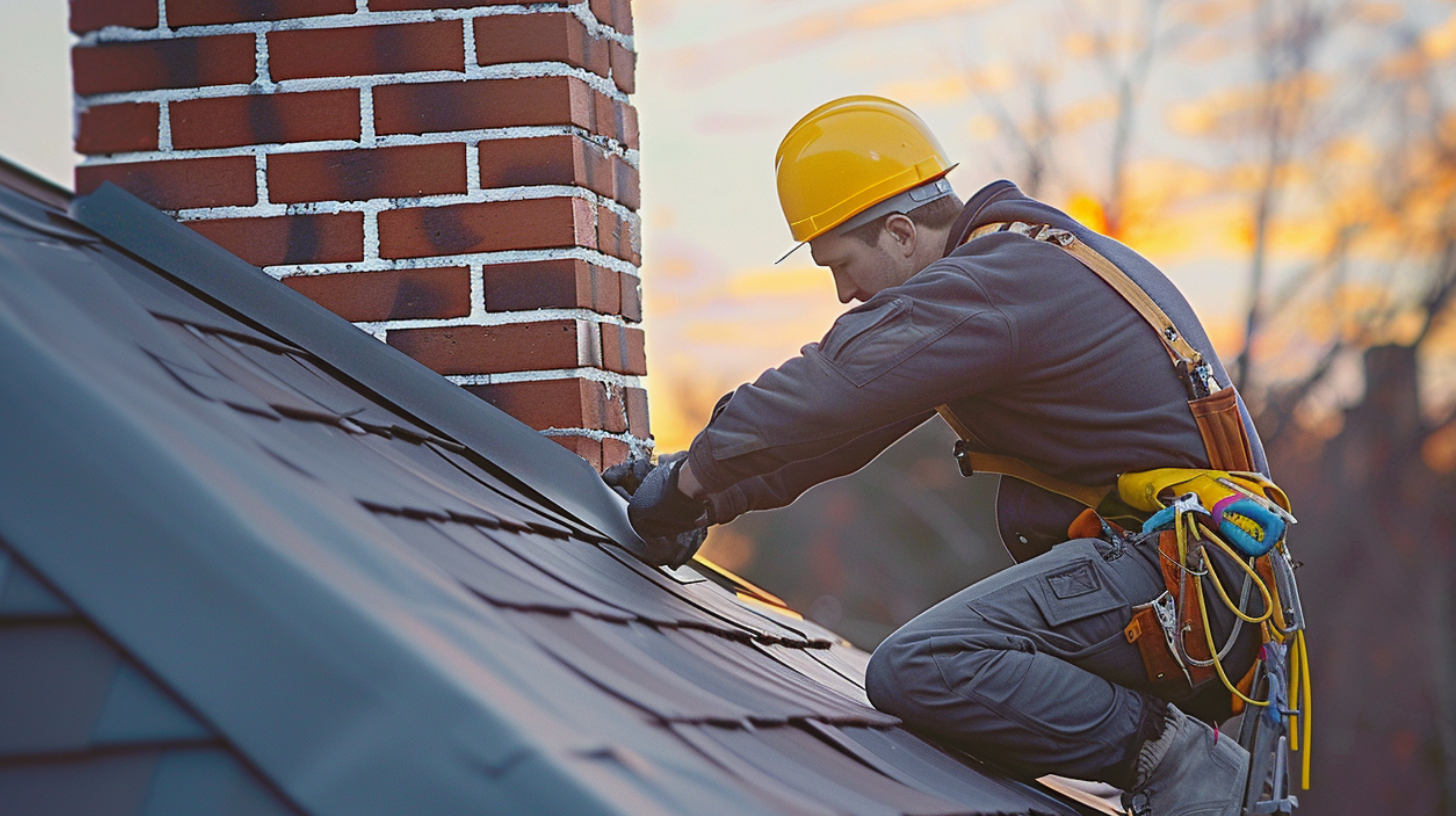 A roofer working on the bottom corners of a chimney for roof flashing.