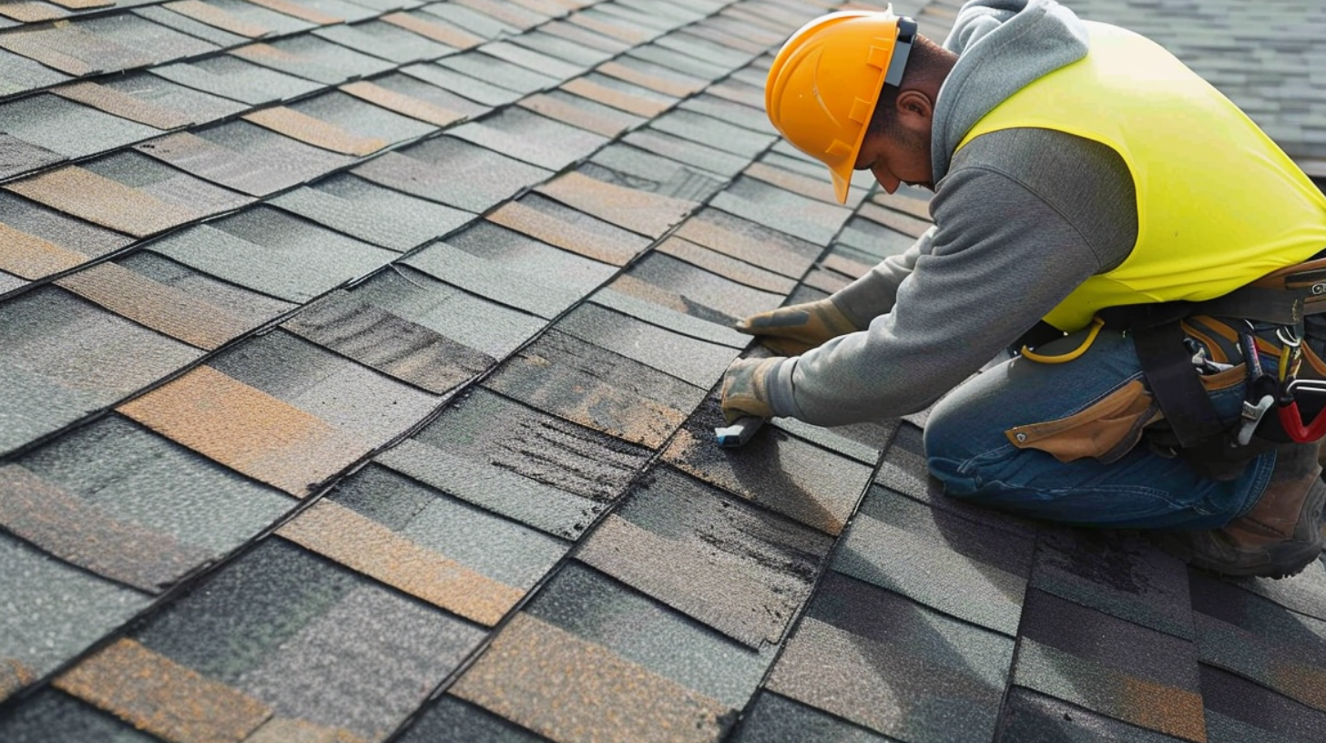 A roofer replacing broken shingles with new ones.