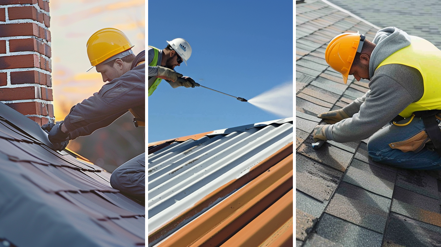 A roofer working on the bottom corners of a chimney for roof flashing, a roofer working on spraying another layer of paint on a roof, and a roofer replacing broken shingles with new ones.