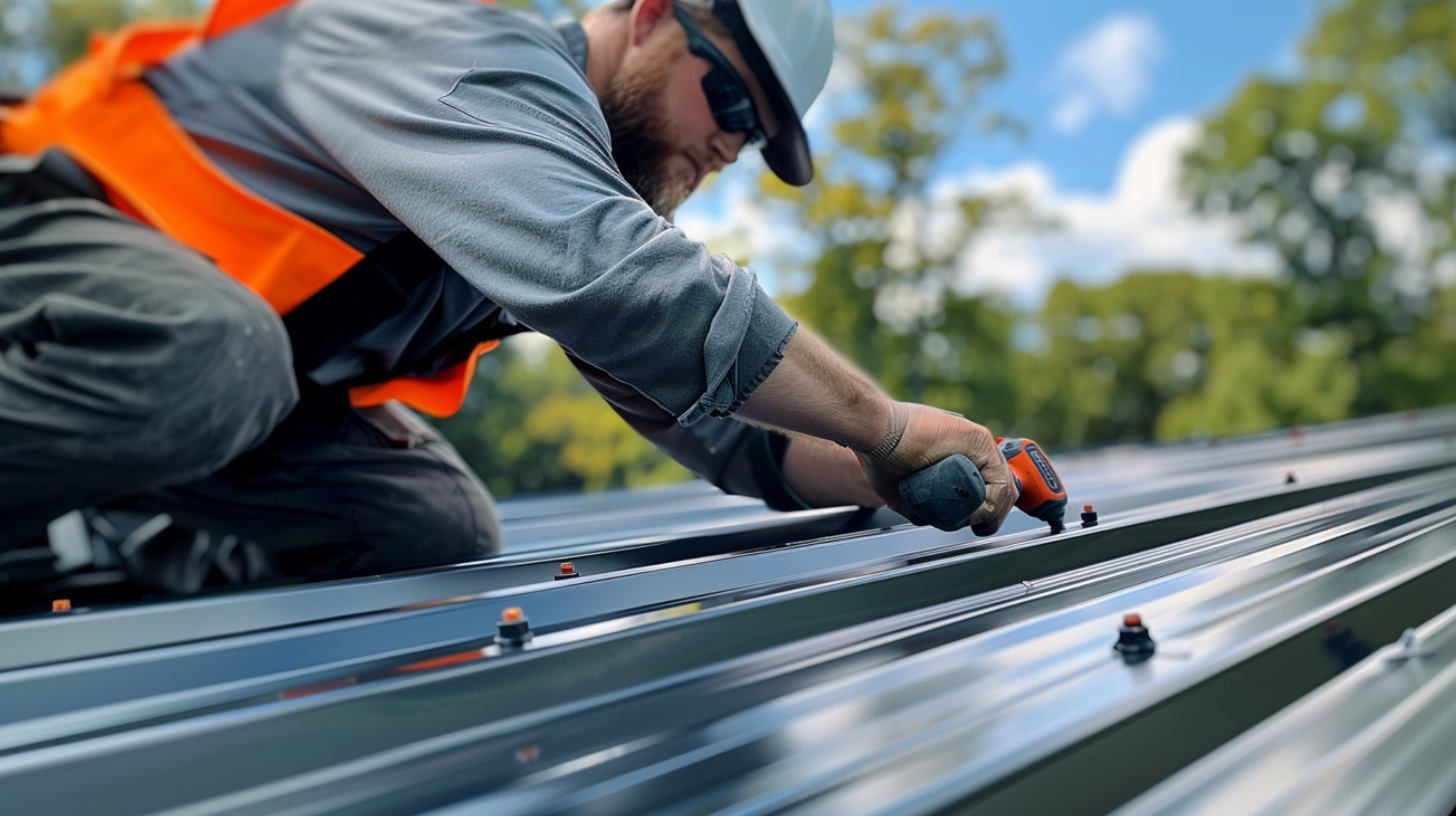 A professional roofer repairing a metal roof.