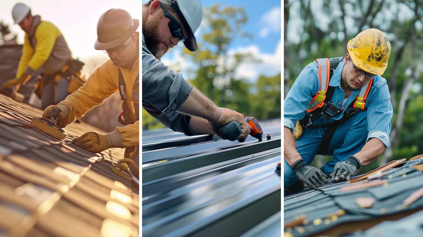 Two professional roofers repairing a residential roof, a professional roofer repairing a metal roof, and a roofer repairing a residential roof that has been damaged by a recent storm.