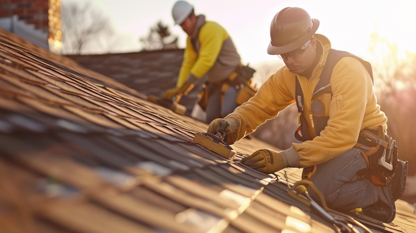 Two professional roofers repairing a residential roof.