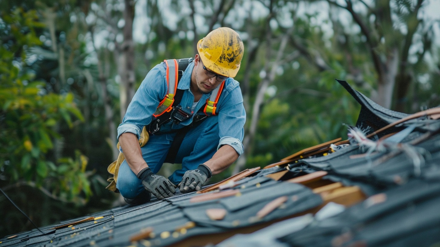 A roofer repairing a residential roof that has been damaged by a recent storm.