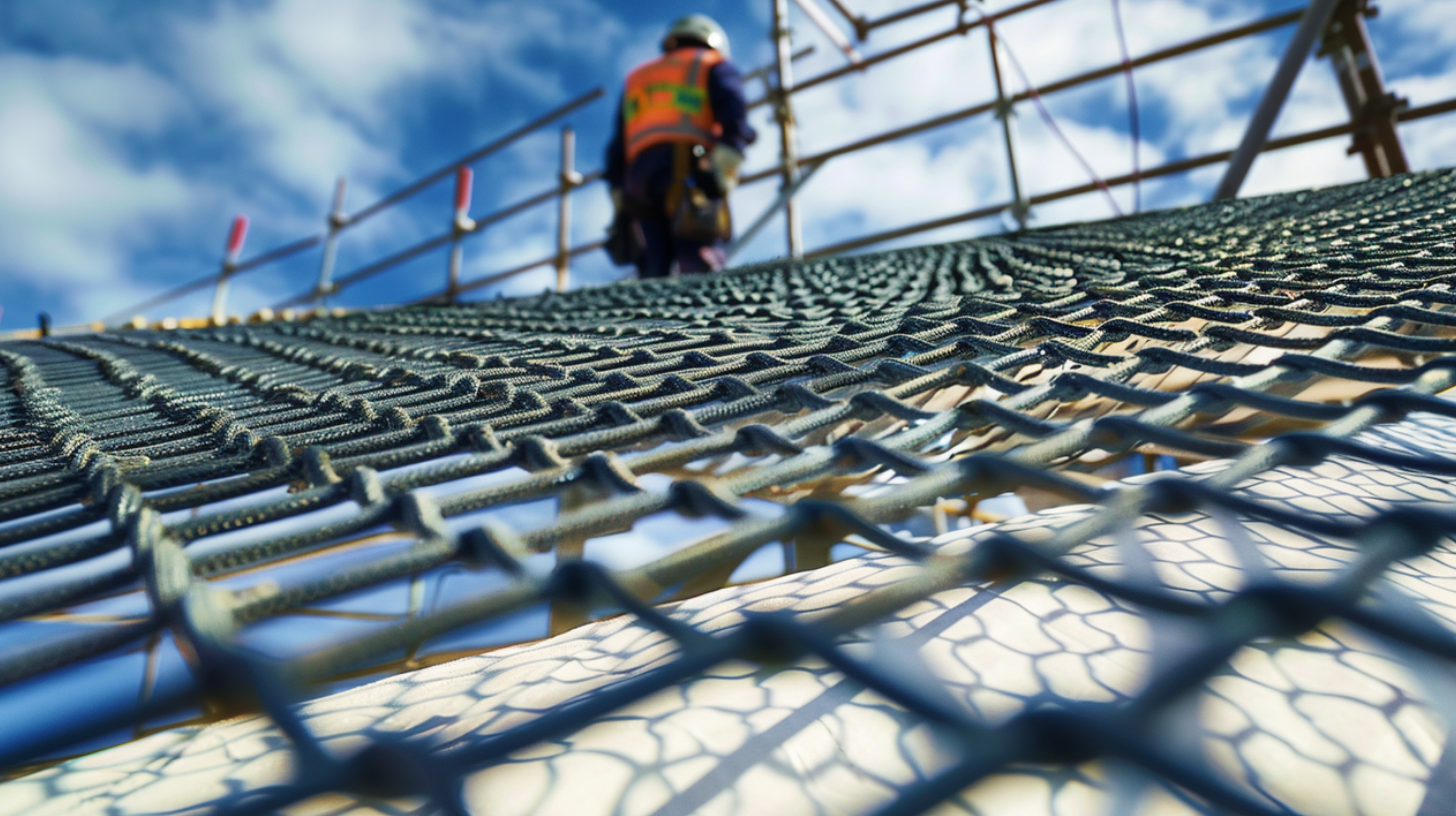 An image of a safety net on a roofing construction site ensuring workers safety.