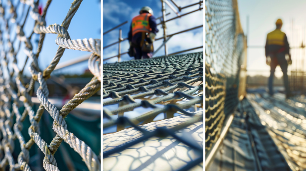 An image of a safety net on a roofing construction site, a safety net on a roofing construction site ensuring workers safety, and an image of an installed safety net for an on-site safety and compliance requirement.