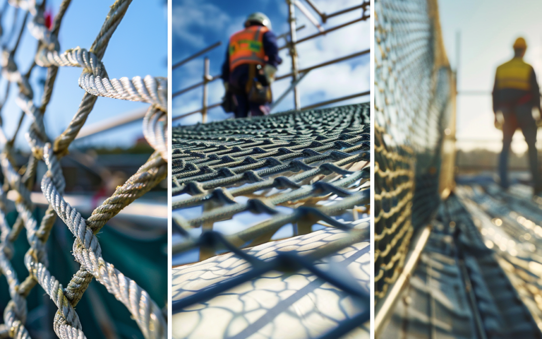 An image of a safety net on a roofing construction site, a safety net on a roofing construction site ensuring workers safety, and an image of an installed safety net for an on-site safety and compliance requirement.