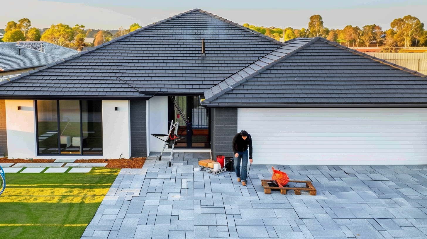 <br />
Create an image of a sleek residential image featuring seamlessly integrated rubber slate roof, blending harmoniously with the modern roof structure for an aesthetically pleasing look.