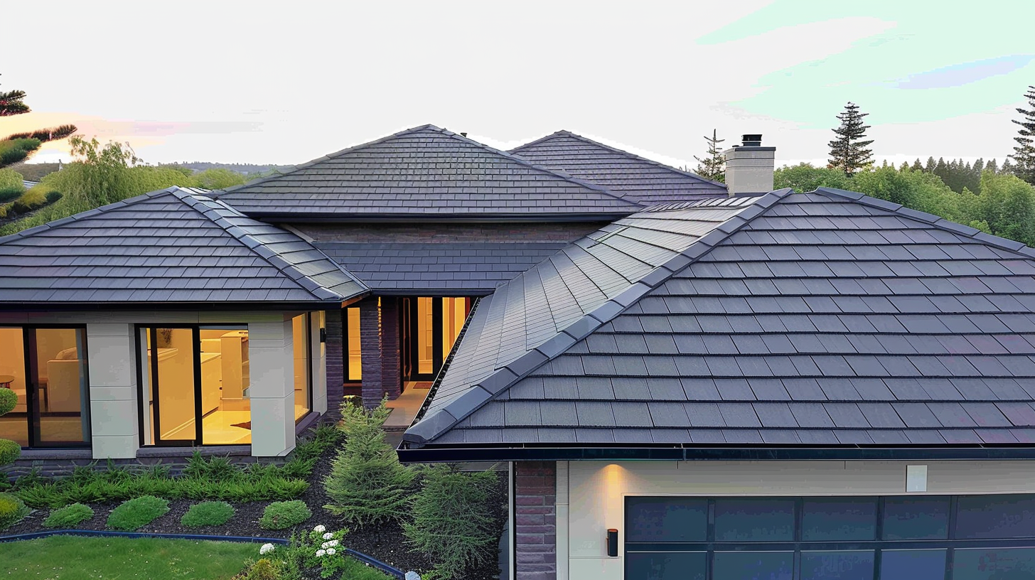 Create an image of a sleek residential image featuring seamlessly integrated rubber slate roof, blending harmoniously with the modern roof structure for an aesthetically pleasing look.