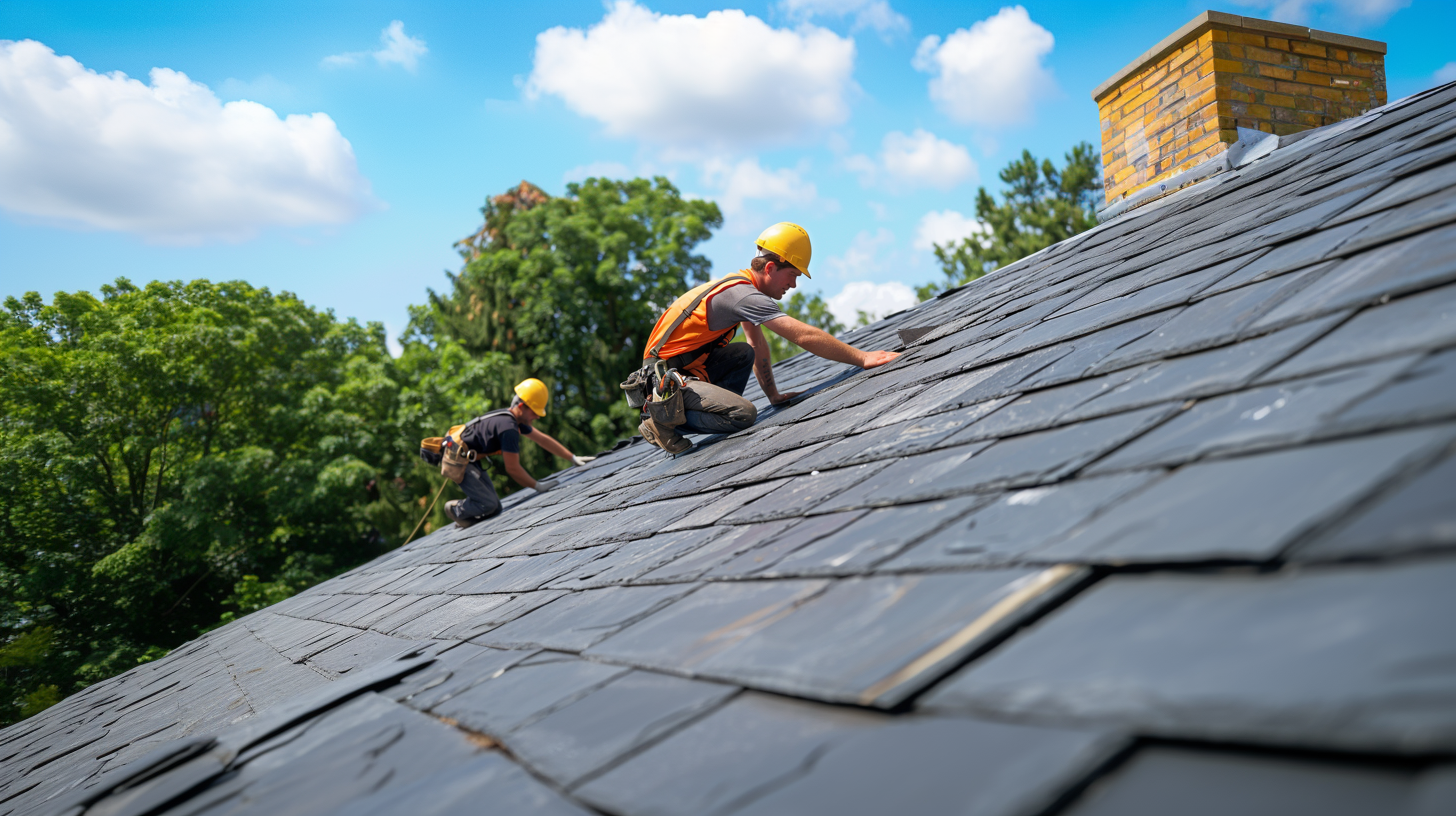 Two roofers are doing a residential slate roof installation. The slate roof is clean and properly installed. The roofer is wearing the appropriate and complete safety gear.