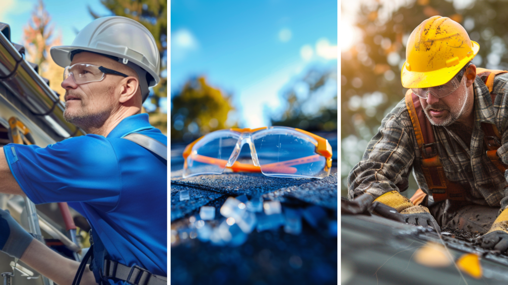 A roofer is ensuring safety by wearing safety glasses while installing a gutter, an image of a safety glasses symbolizing workplace safety, and a professional roofer is wearing safety glasses while working on a residential roof.