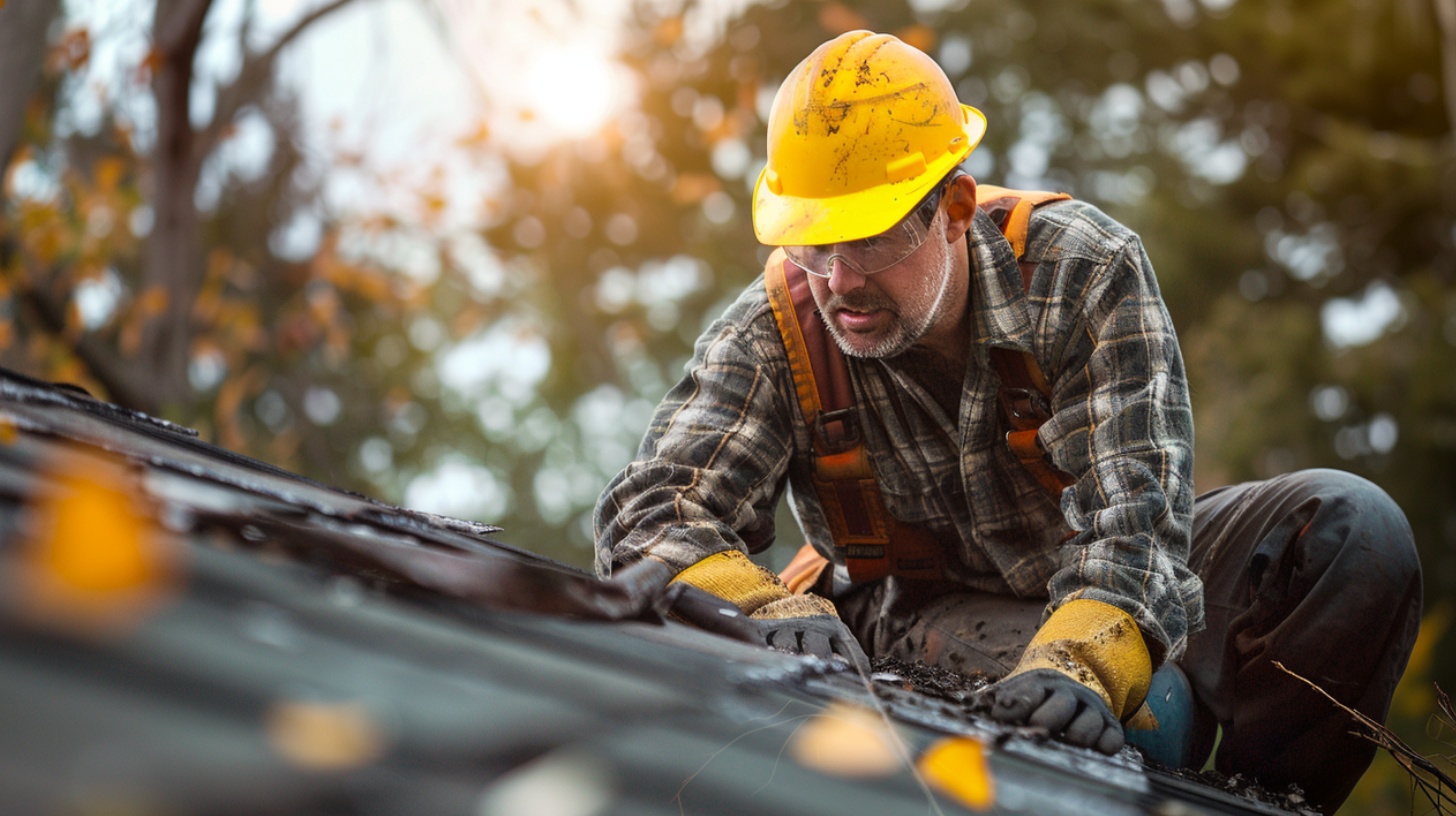 A professional roofer is wearing safety glasses while working on a residential roof.