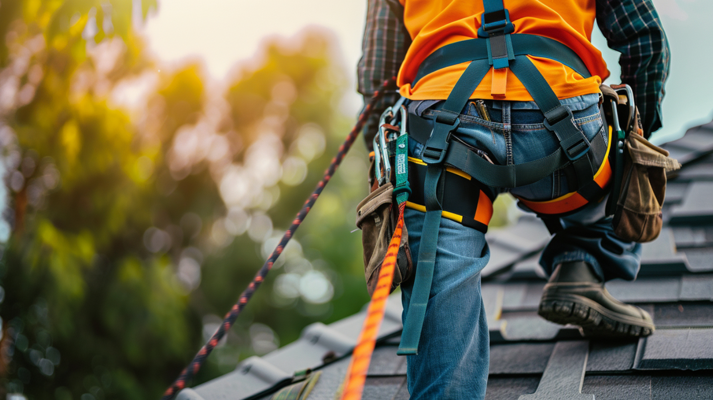 A professional roofer wearing a full-body harness.