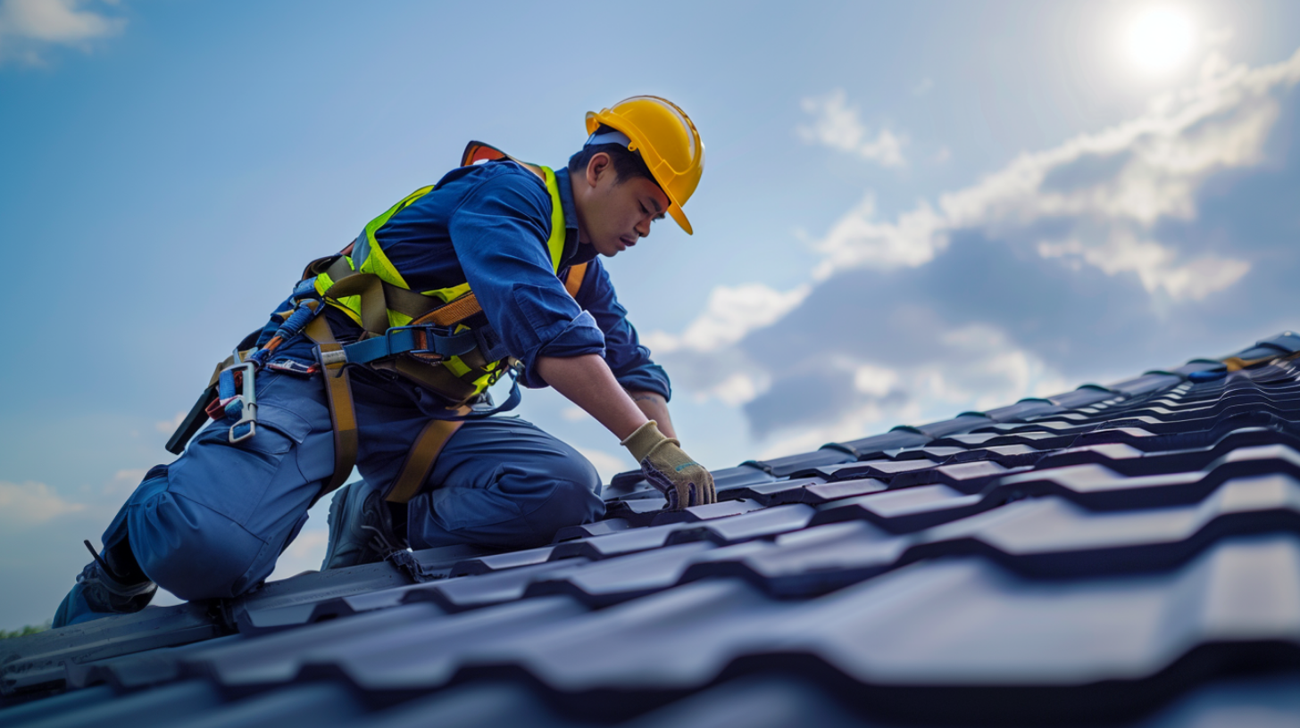 A roofer wearing safety harness is inspecting a metal roof.