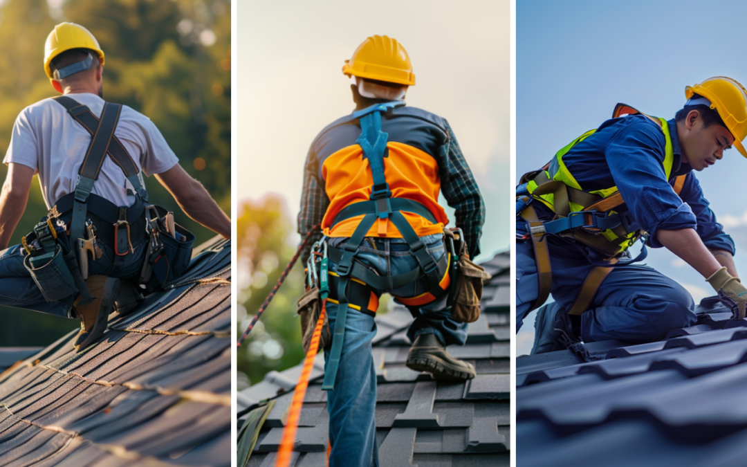 A roofer wearing safety harness while working on a residential roof, a professional roofer wearing a full-body harness, and a roofer wearing safety harness is inspecting a metal roof.